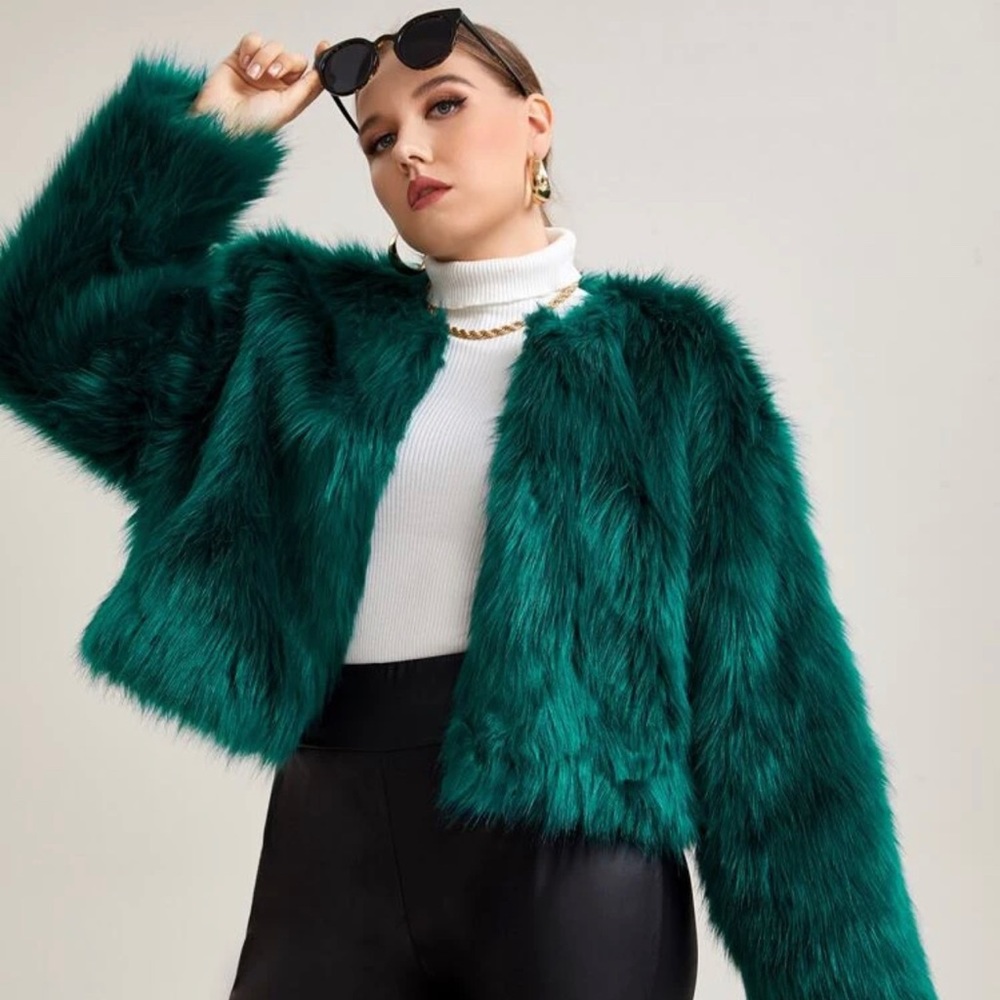 SHEIN Emerald Green Faux Fur Coat
